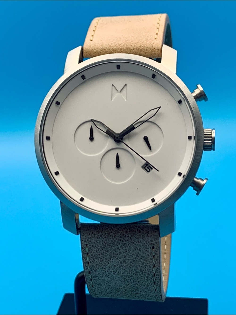 MVMT Men’s Chrono Quartz Wristwatch St Steel Case Leather Strap Works New Batt